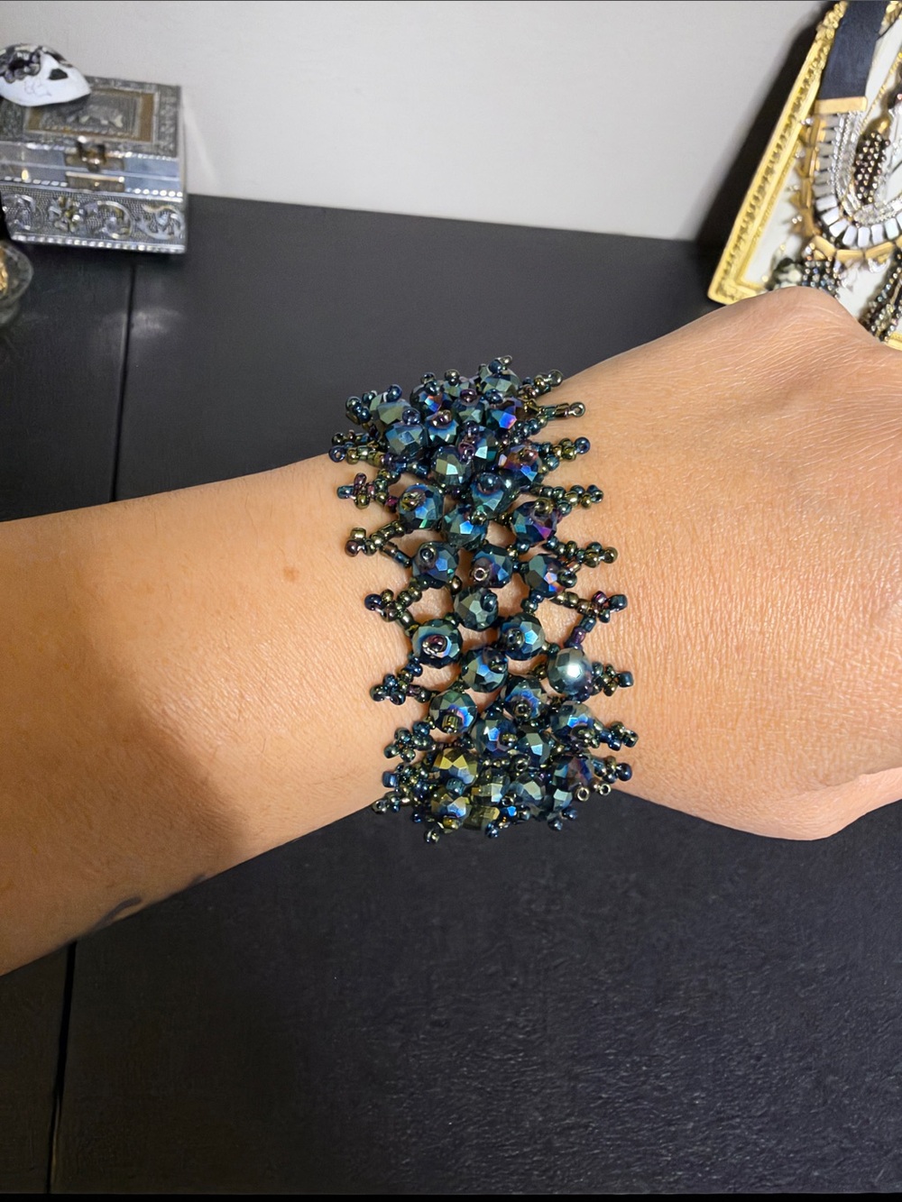 Vintage Glass Iridescent Teal Crystal Beaded Bracelet - Statement Sparkle